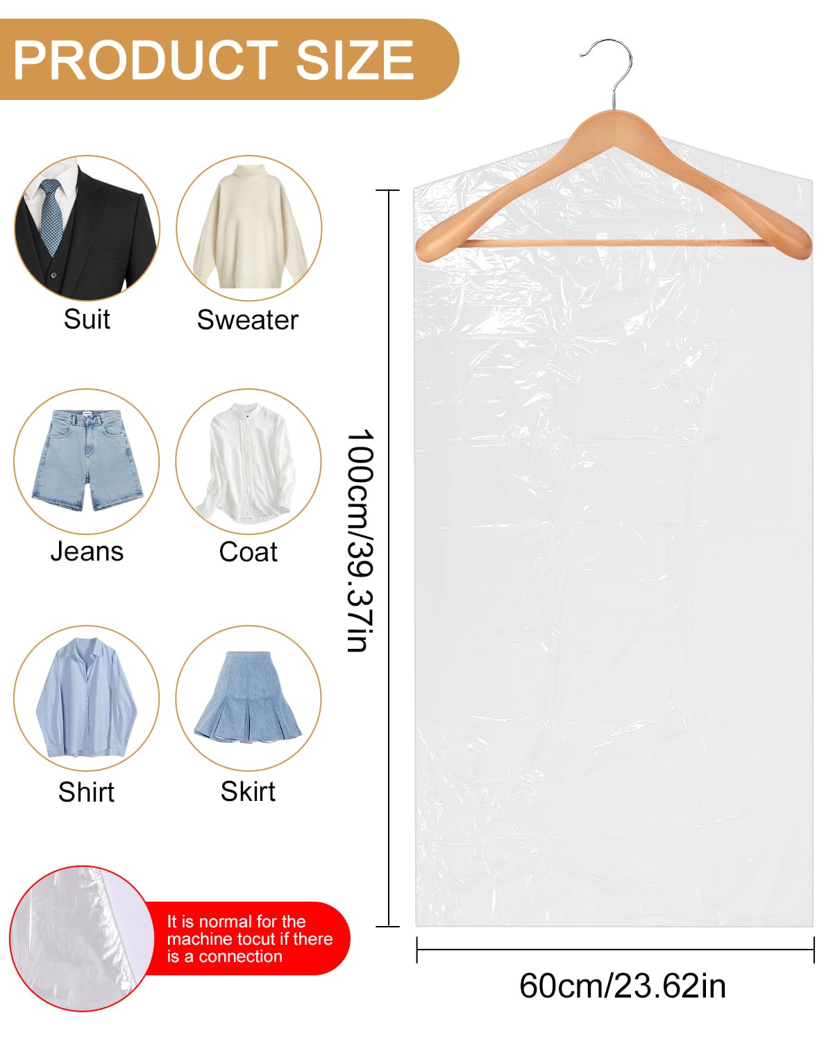 50 Piezas Bolsas de Ropa Transparentes Protectores de Ropa de Plástico 60x100cm Cubierta de Polvo para Ropa,Bolsas a Prueba de Polvo,Funda de Ropa para Armario para Blazers,Vestidos,Camisas