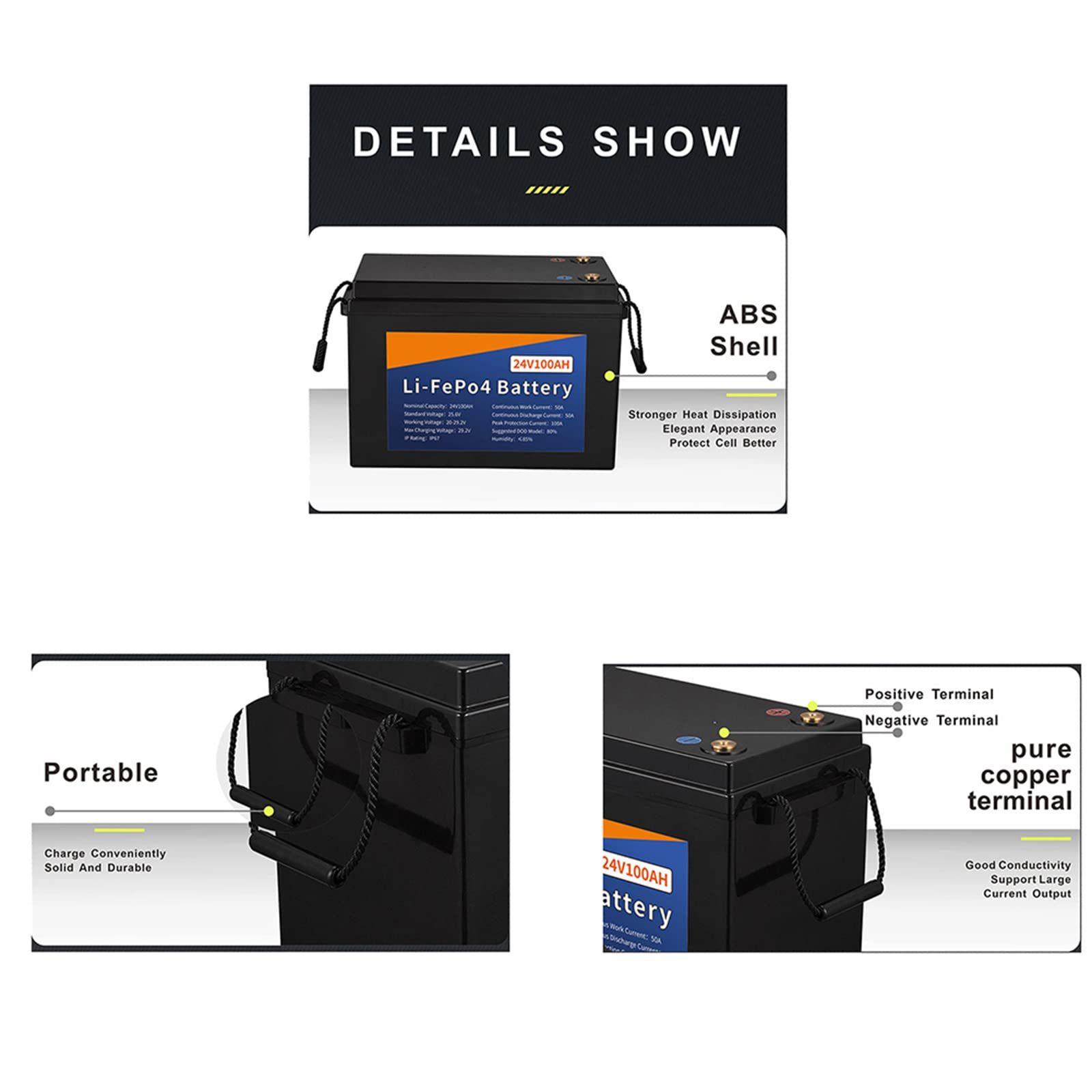 Batteria 24V 100AH Lifepo4, Batteria Ricaricabile da 4000+ Cicli, Batteria Ricaricabile con Accumulo di Energia a Ciclo Profondo agli Ioni di Litio, BMS Integrato da 100A Senza Manutenzione, per