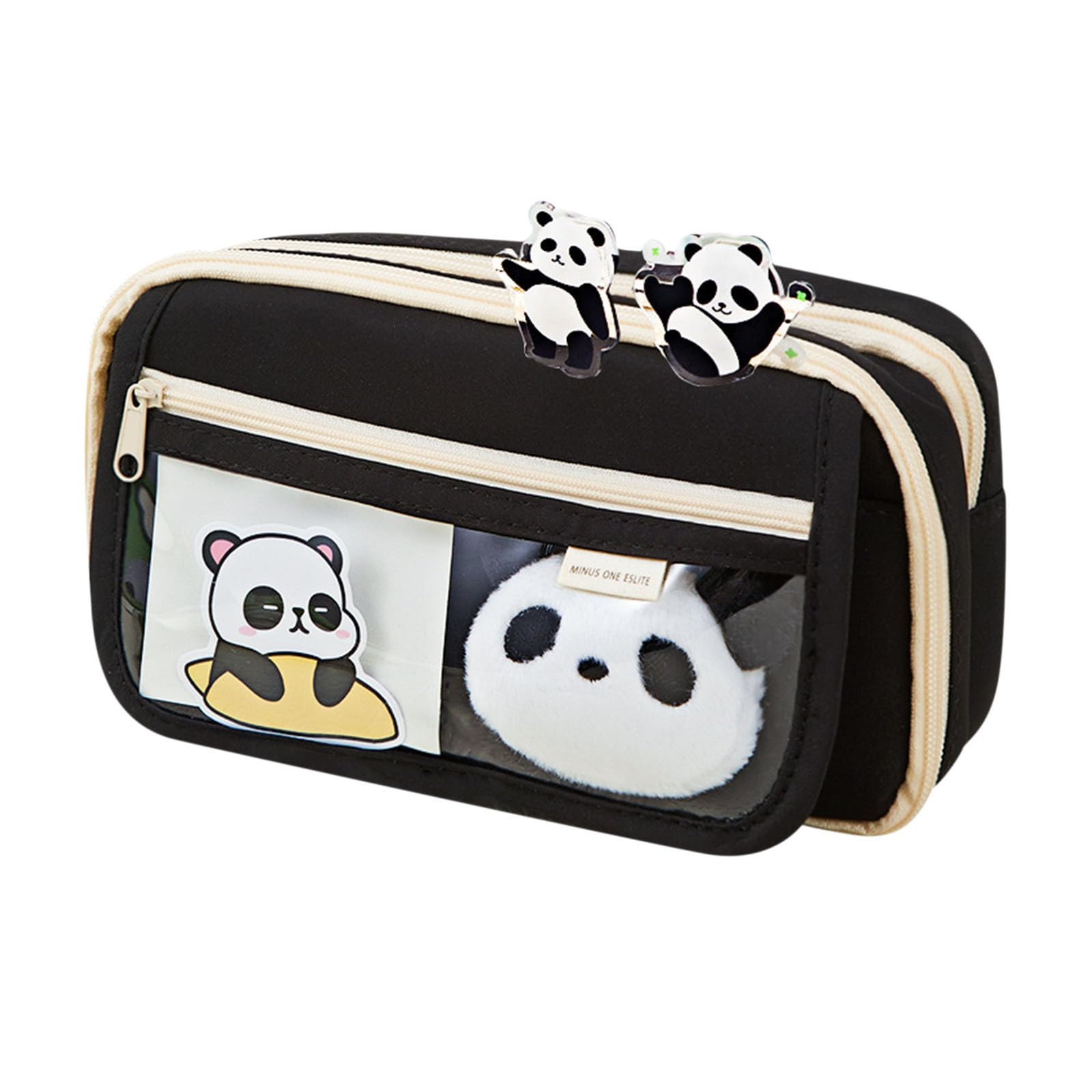 xinxinyuCute Panda Pencil Case Large Capacity for Adults Aesthetic Pencil Case Kawaii Pencil Pouch Cute with Zipper Preppy Pen Bag with Gel Ink Pens, Clips, Stickers, Pin (Black)