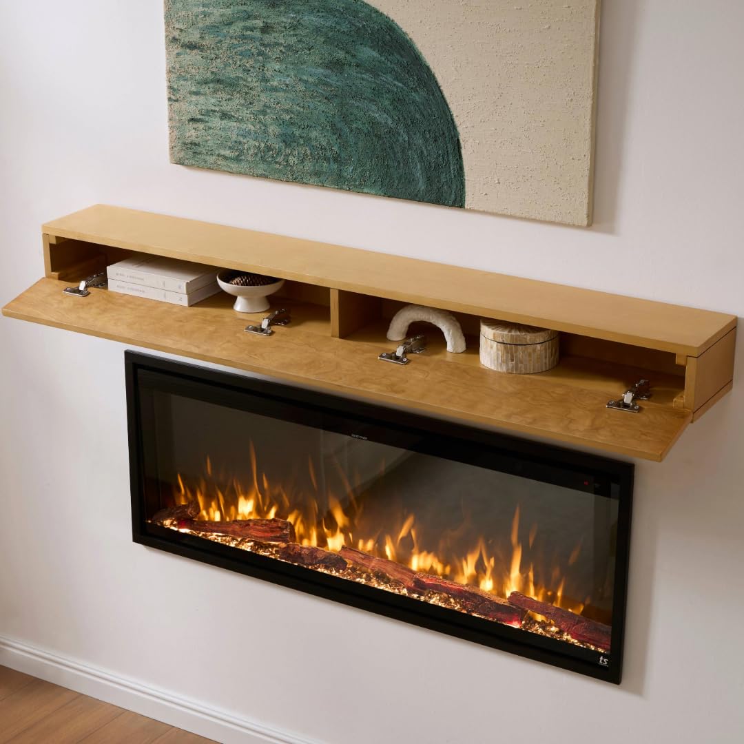 Touchstone 60" Floating Fireplace Mantel with Hidden Storage – Wall Mounted Solid Pine Wood Mantel Shelf with Drop-Down Door - Rustic Farmhouse Design - Light Honey Stain Finish