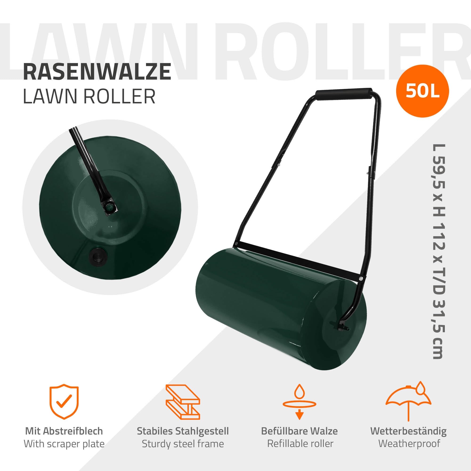 ECD Germany Walec do trawnika napelniany woda lub piaskiem 50 l stalowy reczny do zageszczania podloza i gleby szerokosc 59,5 cm srednica Ø31,5 cm zielony walec ogrodowy z oslona przeciwblotna