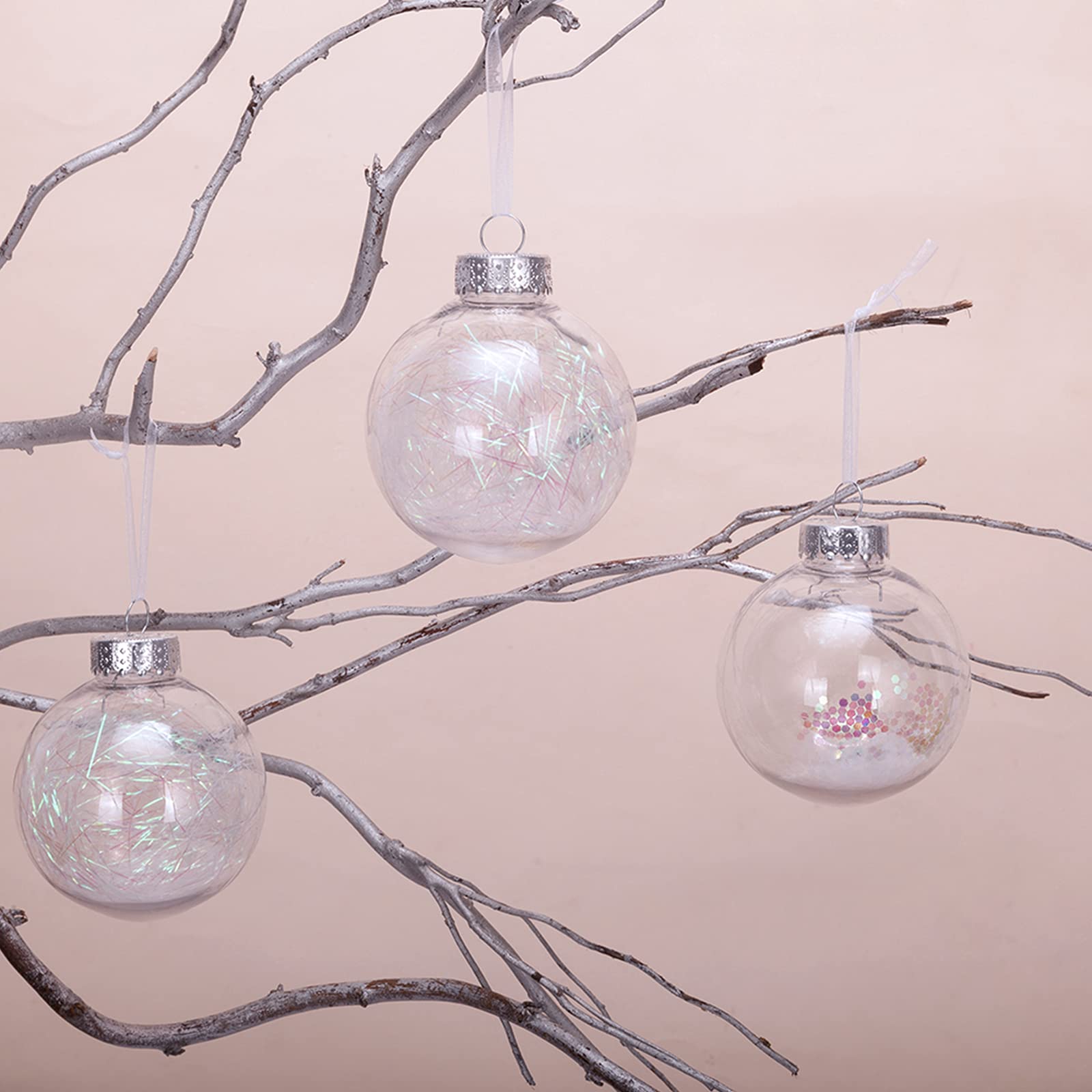 AMS Lot de boules de Noël décoratives en plastique transparent incassable de 7 cm/24 carats avec décorations délicates en peluche (60 mm irisé)