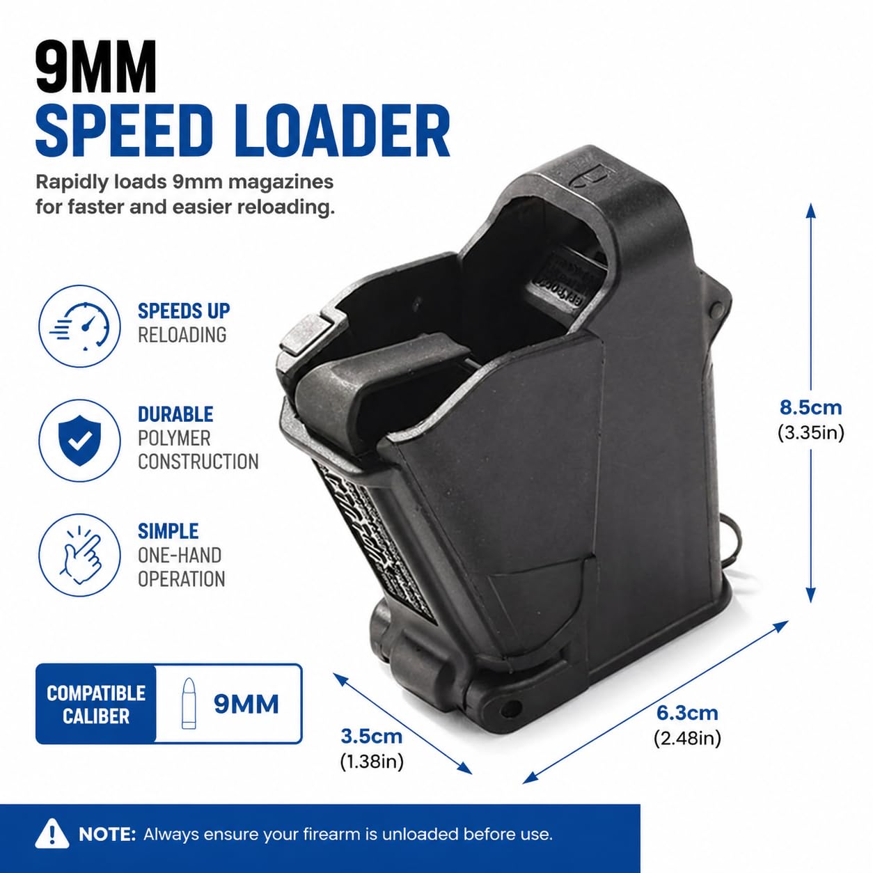 Genérico Cargador Rápido para Pistola de Calibre 9mm a .45ACP, Herramienta para Recarga Rápida de Cargadores, Plastico Negro