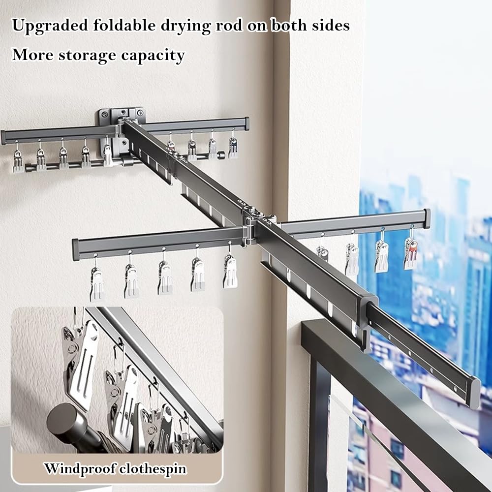 Hggzeg Wäscheständer zur Wandmontage, einziehbares Regal mit Haken, um 360 ° drehbar, dreifach, zusammenklappbar, für Balkon, Waschküche, Badezimmer (Bleigrau)