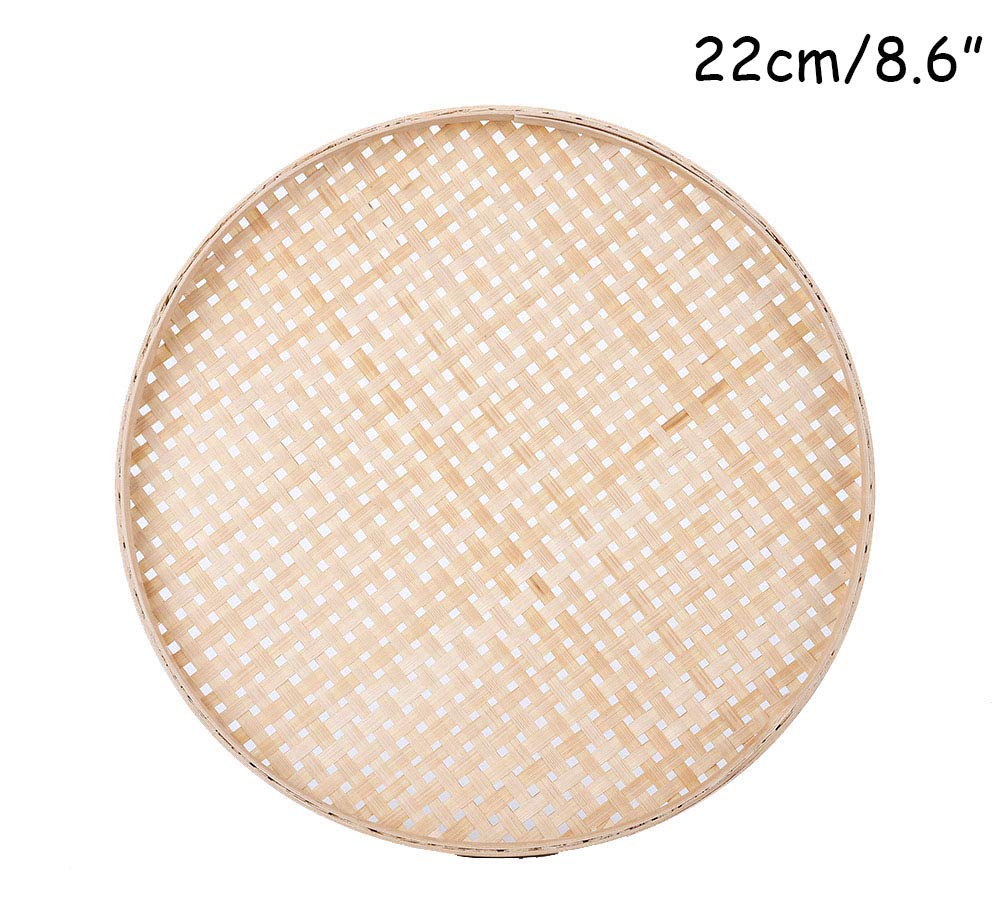 100% Handwoven Flat Wicker Round Fruit Basket Woven Food Storage Weaved Shallow Tray Organizer Holder Bowl Decorative Rack Display Kids DIY Drawing Board (Sqaure Hollow-Bamboo White, 22cm/8.7