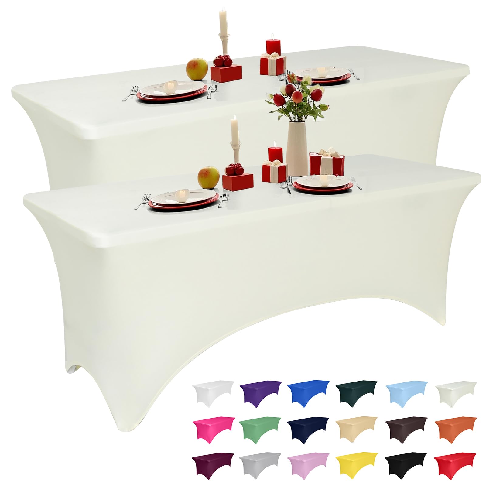 Photo 1 of 2 Pack 6 Feet Ivory Spandex Tablecloth for Rectangular Tables, Fitted & Stretch, Washable, Wrinkle Resistant, Perfect for Event, Wedding, Party, Banquet, Cocktail, Festival, and Table Protector
