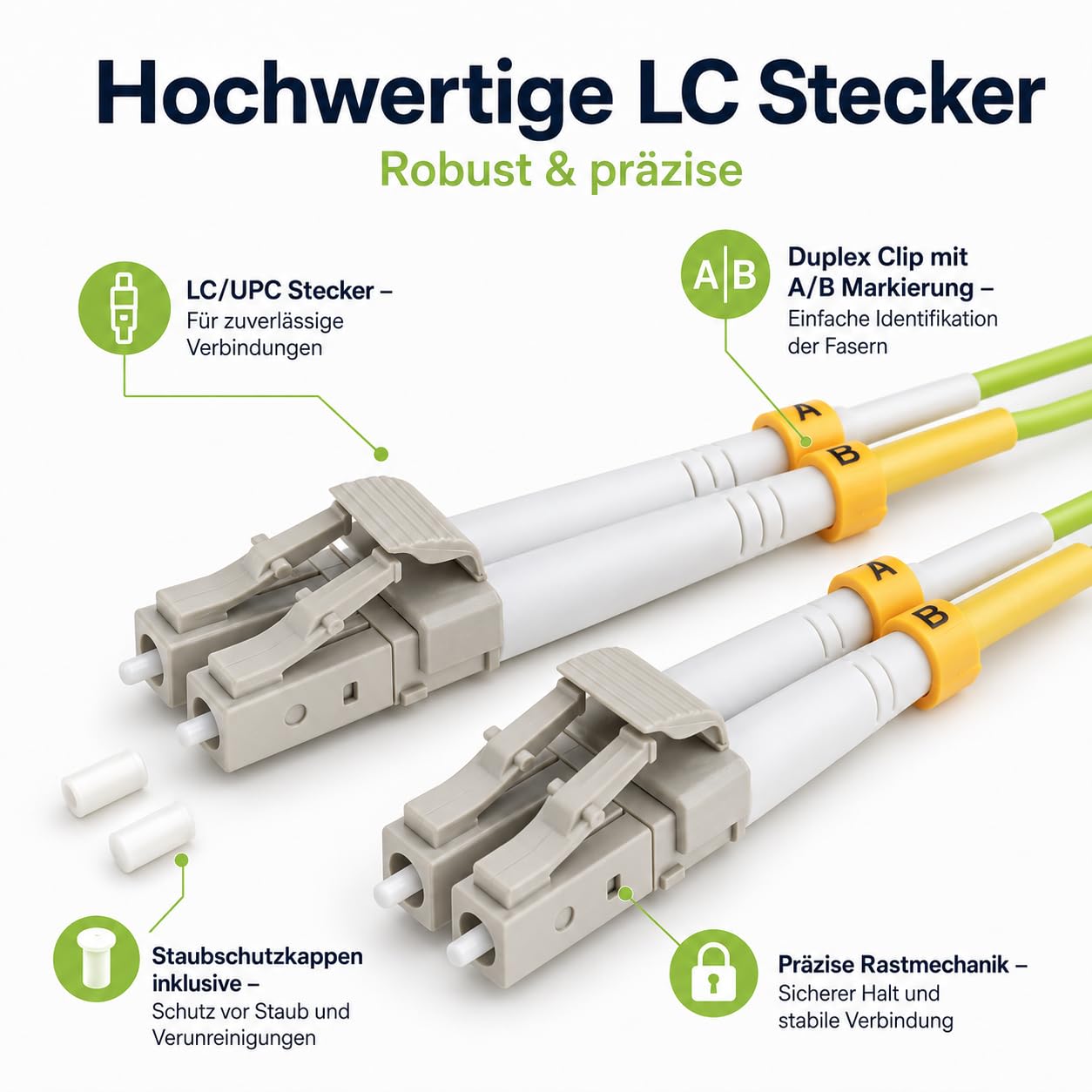 1 câble de brassage duplex 30 m OM5 LWL DX LC/UPC - LC/UPC MM multimode - 50/125 µm LSZH vert citron