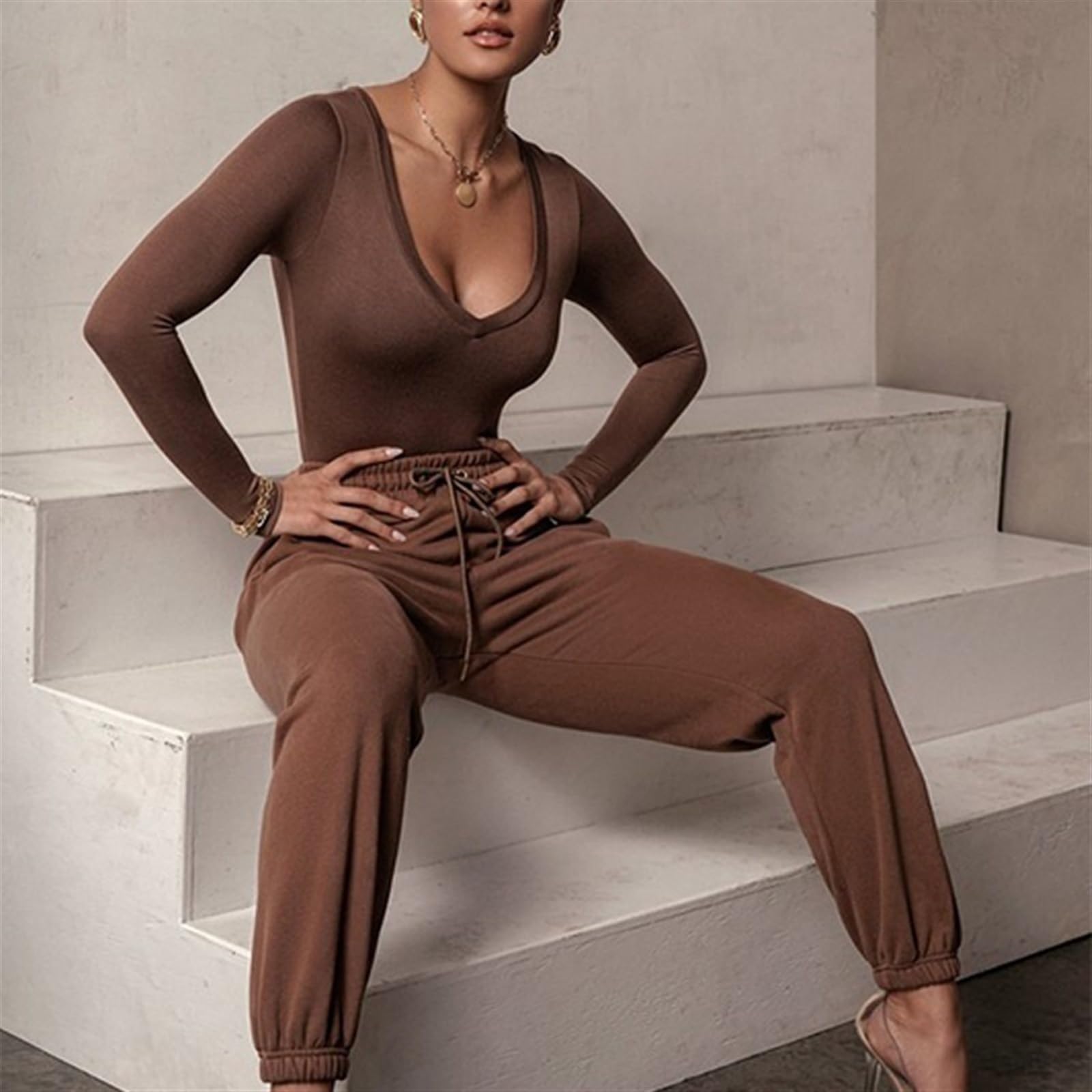 LYGBAOFUL Damskie body wyszczuplają brzuch Z długim rękawem Stringi Body Seksowne body dla kobiet Topy z głębokim dekoltem w serek