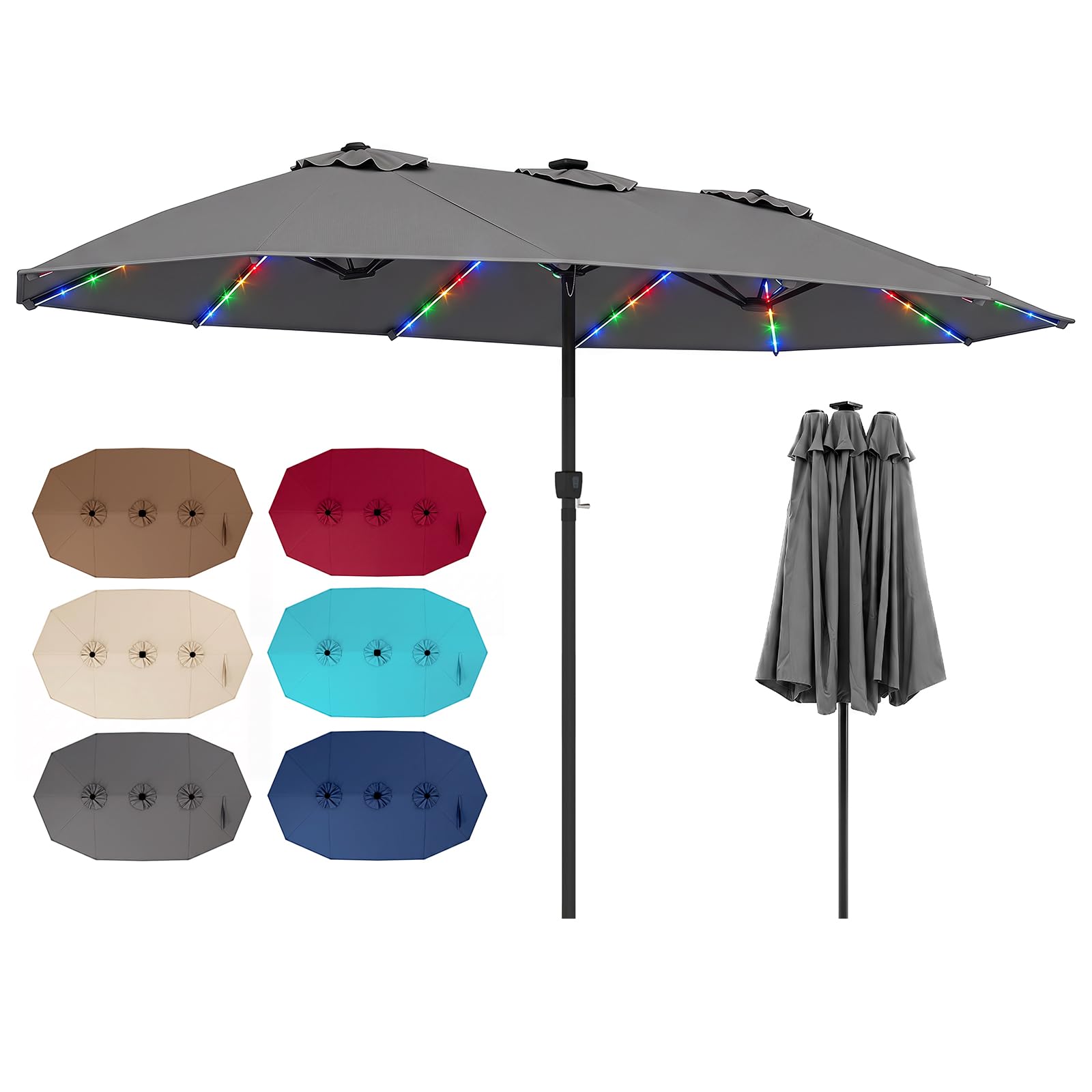 COSTWAY 3.8m/4.5m Double-Sided Parasol, 12 Heavy-Duty Ribs Extra Large Sun Umbrella with Lights & Crank Handle, Outdoor Twin Market Sunshade Shelter Canopy (Grey, 144 Lights, 436 x 258 x 254cm)