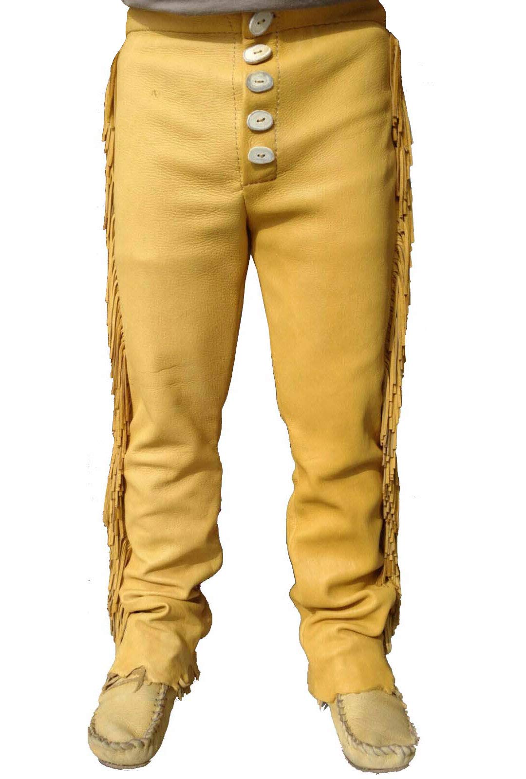 Men's Traditional Cowboy Western Leather Pants Gold Braided with Side Fringe Native American Western Trouser Pant Buck Skin