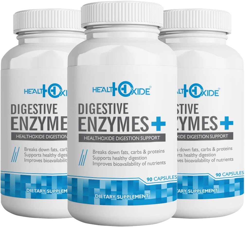 HealthOxide Digestive Enzymes plus - Natural Support for Better Digestion - For Bloating, Constipation & Gas Relief - 90 Veg Capsules (PACK OF 3)