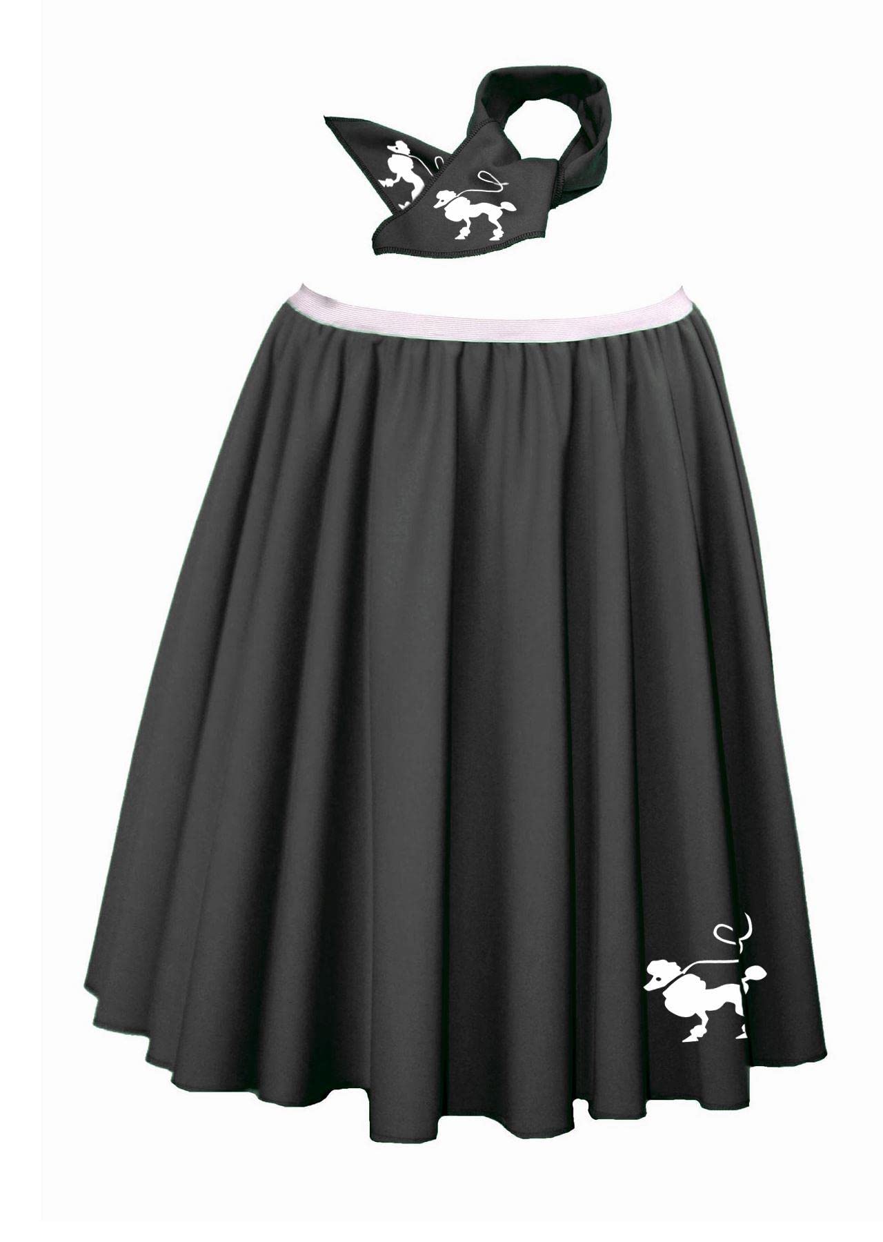 Adults 22" Length Poodle Skirt & Neck Tie 1950s Rock & Roll Fancy Dress [Black - 16-22]