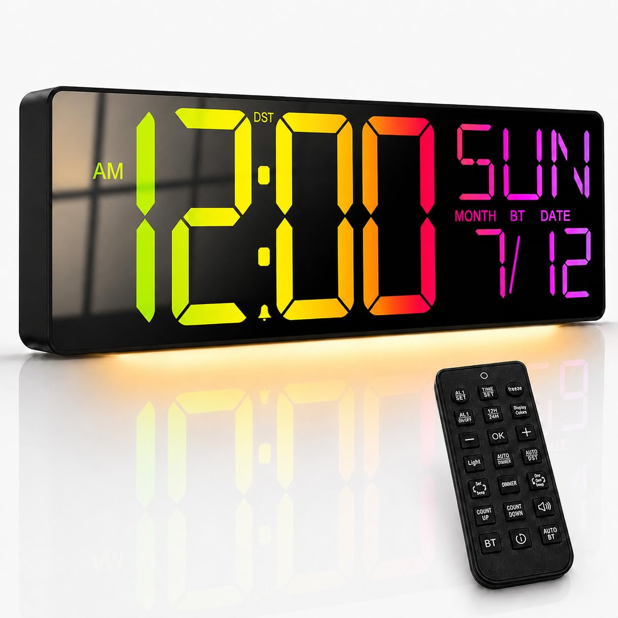 JALL 18" Large Digital Wall Clock with 5.4-inch Big Numbers for Classroom, 12 RGB Wall Clock with Date and Temp for Teachers Seniors, Digital Clock for Room Decor, Black
