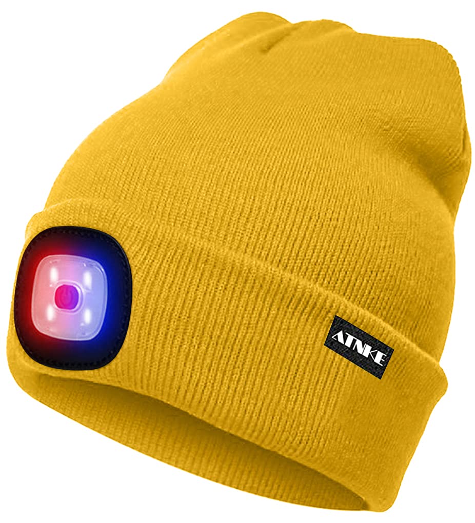 Atnke Men's Yellow Led Lighted Beanie Cap,Usb Rechargeable 4 Led Red And Blue Glow Flashing Running Headlamp Hat Winter Warm Gifts For And Wo