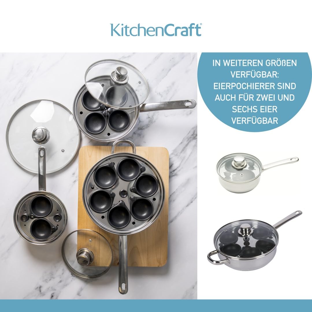 KitchenCraft Pochierpfanne, Eierpochierer, Eierpochierpfanne aus Kohlenstoffstahl, Eierpochierpfanne für 4 Eier, Antihaft- und induktionssicher, 20,5cm (11''), Silber