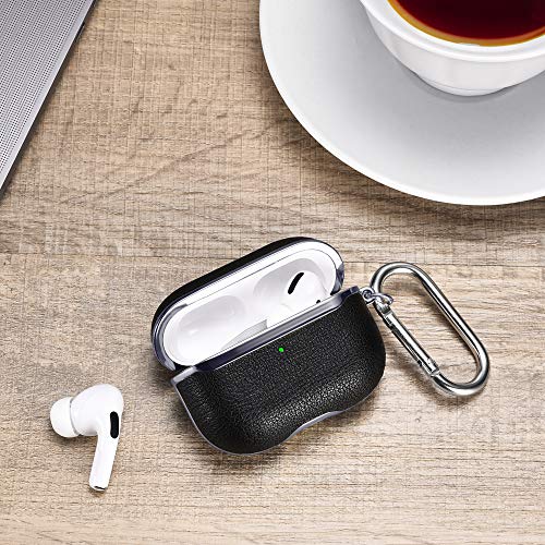 Image of AirPods Pro Case Cover, ICARERSPACE Portable Black Leather Cover Case with Carabiner for Apple AirPods Pro Charging Case [Front LED Visible] [Support Wireless Charging] - Gun Black Plated