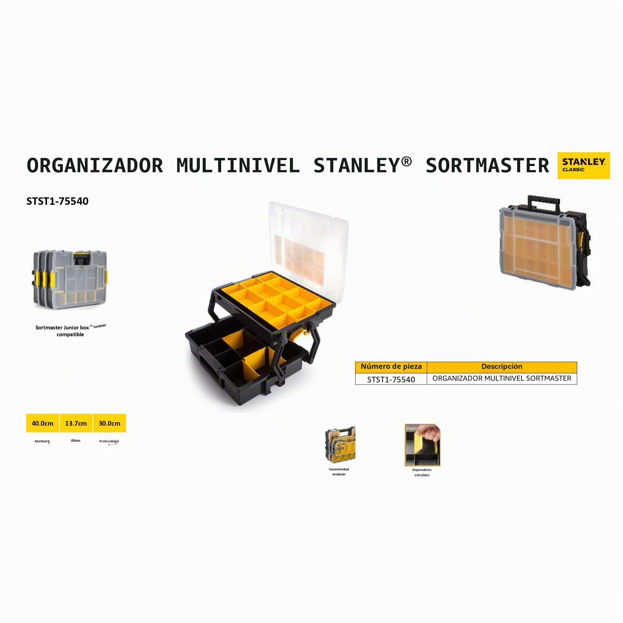 STANLEY Organizador Multinivel SortMaster, 2 Niveles para Herramientas y Accesorios, Compartimentos Personalizables, Tapa Transparente, Conectable con SortMaster Junior, STST1-75540