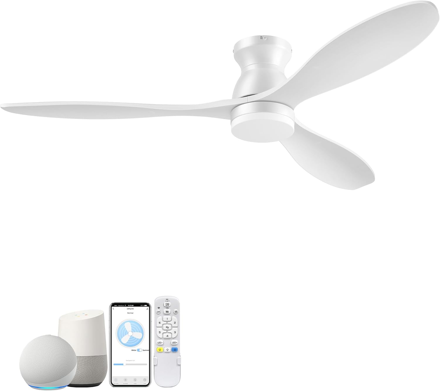 52" Wood Ceiling Fans with Lights Remote,Smart Ceiling Fan Controlled via Wifi Alexa APP,Quiet DC Motor,Modern Flush Mount Hugger Fan for Low Profile Bedroom,Patio,in Matte White,Outdoor Indoor Use