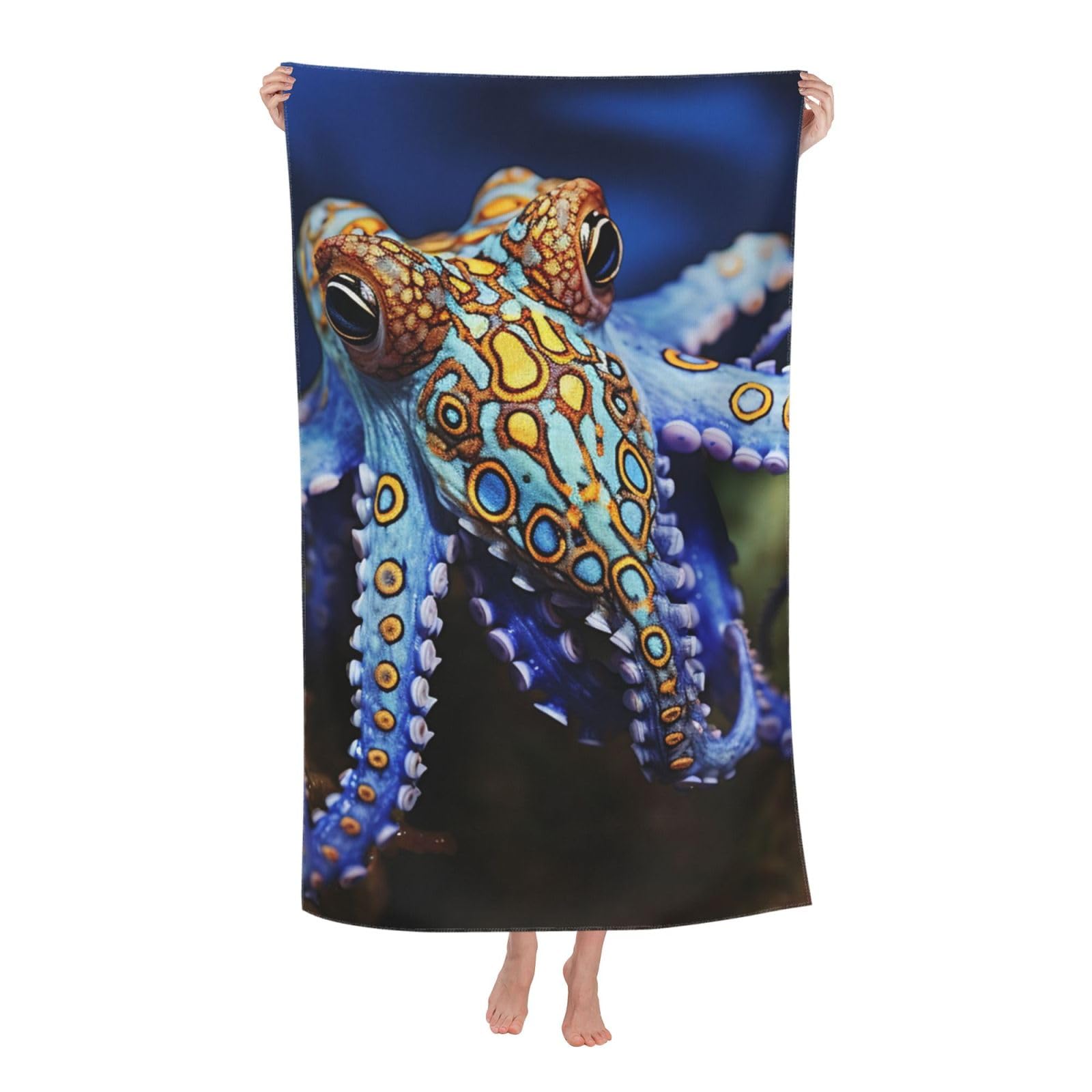 FodPand Blue Ringed Octopus Beach Towel Oversized 52 x 32 in Sand Free Pool Swim Towels for Adult Travel Blanket Lightweight Quick Dry Absorbent Bath Towels Cruise Vacation Accessories