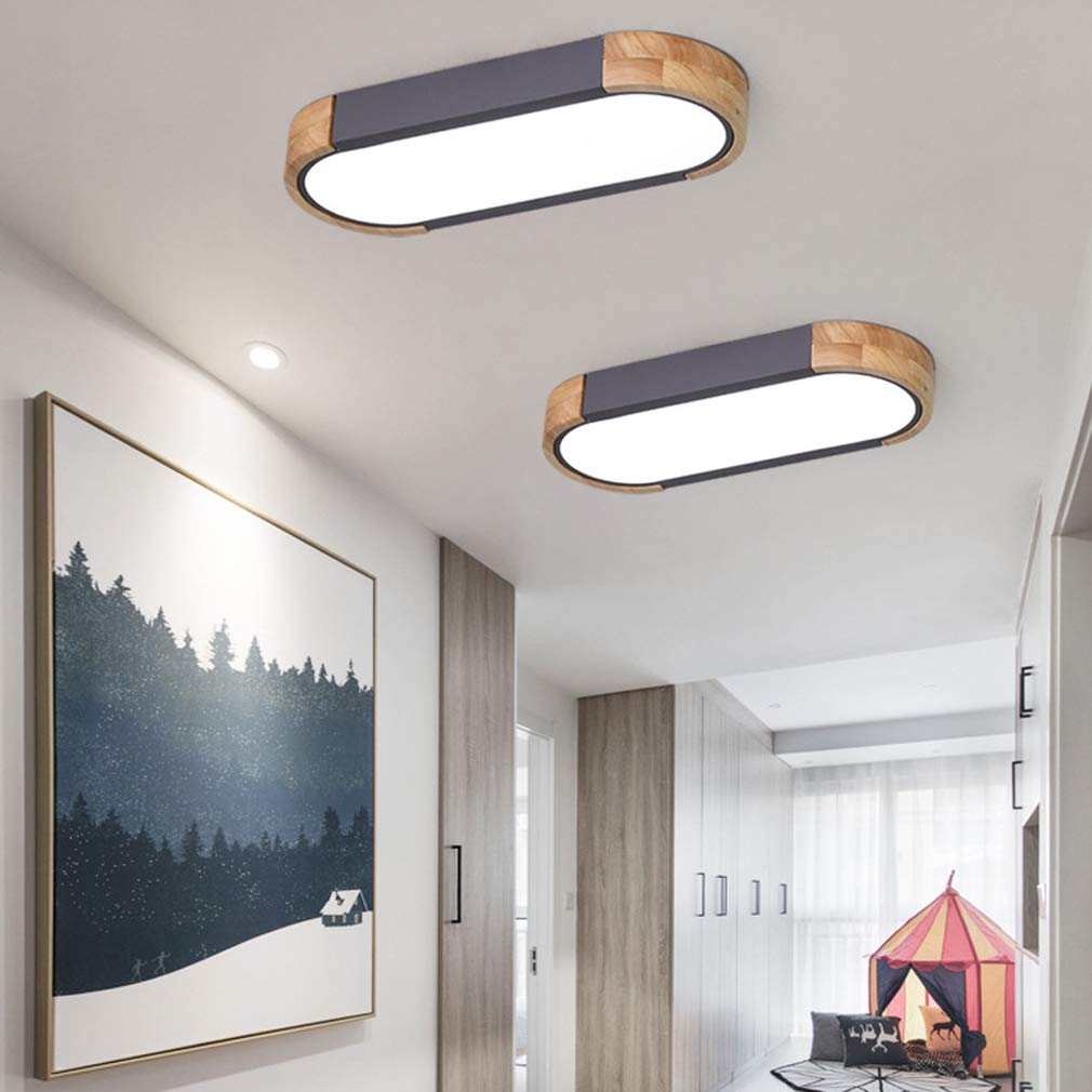 Regulable Alargado Plafon LED de Techo Superficie Cocina Madera+Metal Lampara de Techo Dormitorio Redondo Rectangular Plafon de Luz Colgante Interior Dormitorio Salon Oficina Habitacion Gris,35cm