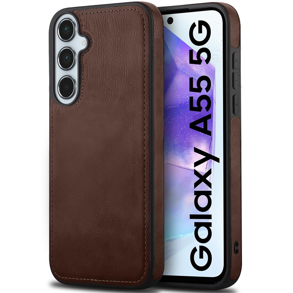 TheGiftKart Genuine Leather Finish Back Cover Case for Samsung Galaxy A55 5G | Shockproof Design | Raised Edges for Camera & Screen Protection | Stunning Minimalist Case Cover for Samsung A55 (Brown)-image-34