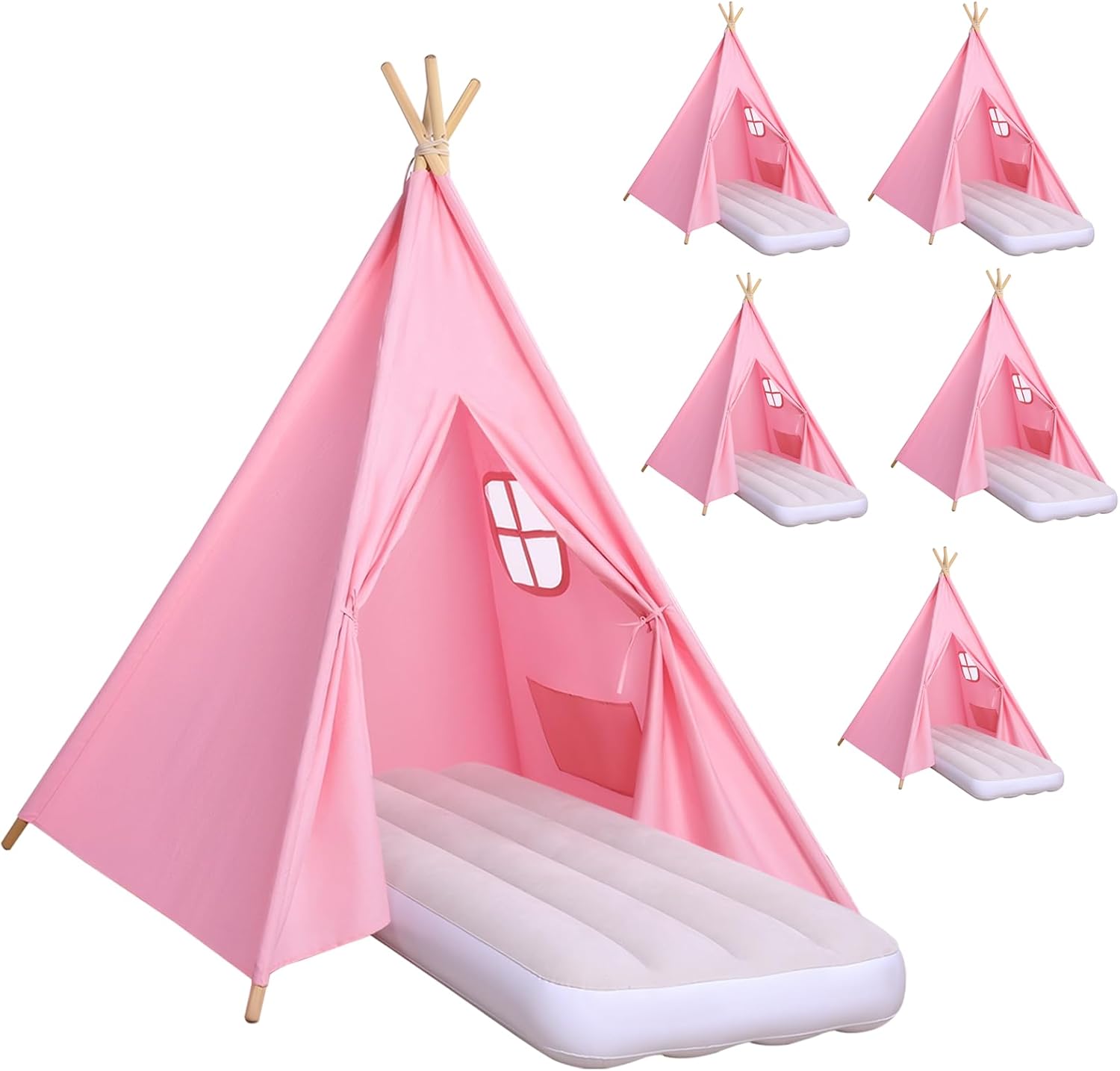 Wilwolfer Sleepover Tents for Kids Party-6 Pack Tipi Playhouse for Kids with Lights& Flag& Inflatable Airbed -Indoor/Outdoor Foldable -Slumber Party Tent-Sleepover Party Supplies Pink 6 Pack & Airbed