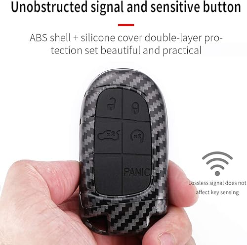 Miniatura 3 de Funda de fibra de carbono negra + botón de silicona inteligente con 5 botones para llavero para Jeep Grand Cherokee Dodge Challenger Charger Dart