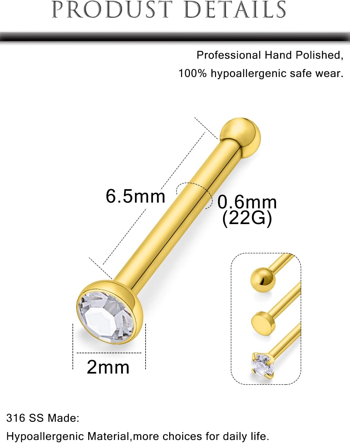 Hoeudjo Nose Studs Surgical Steel Cubic Zirconia Nose Rings Kit for Women Men 2mm Nose Stud Screw & Bone & L Shaped Nostril Rings Piercing Jewelry 22 Gauge 16 Pieces - Image 2