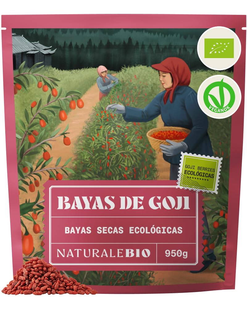 NaturaleBio Bayas de Goji 950 g. Fruta Seca Tradicional China. Vegano, Alto en Fibra. Snack ecológico, sin OGM y sin Gluten.