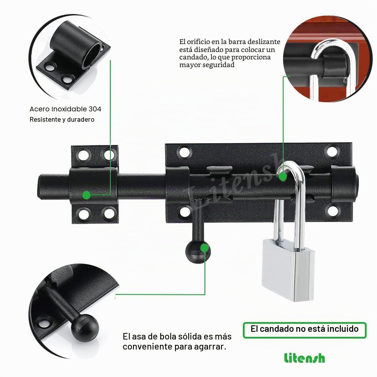 Pestillo de puerta corredera resistente con agujero para candado, pestillo de seguridad de acero inoxidable 304, Cerrojo Puerta Interior Cierre Puerta 12 mm de diámetro (196MM Black)
