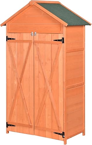 Cobertizo de almacenamiento para exteriores con 2 puertas con cerradura, armario de herramientas de jardín de madera con techo impermeable y