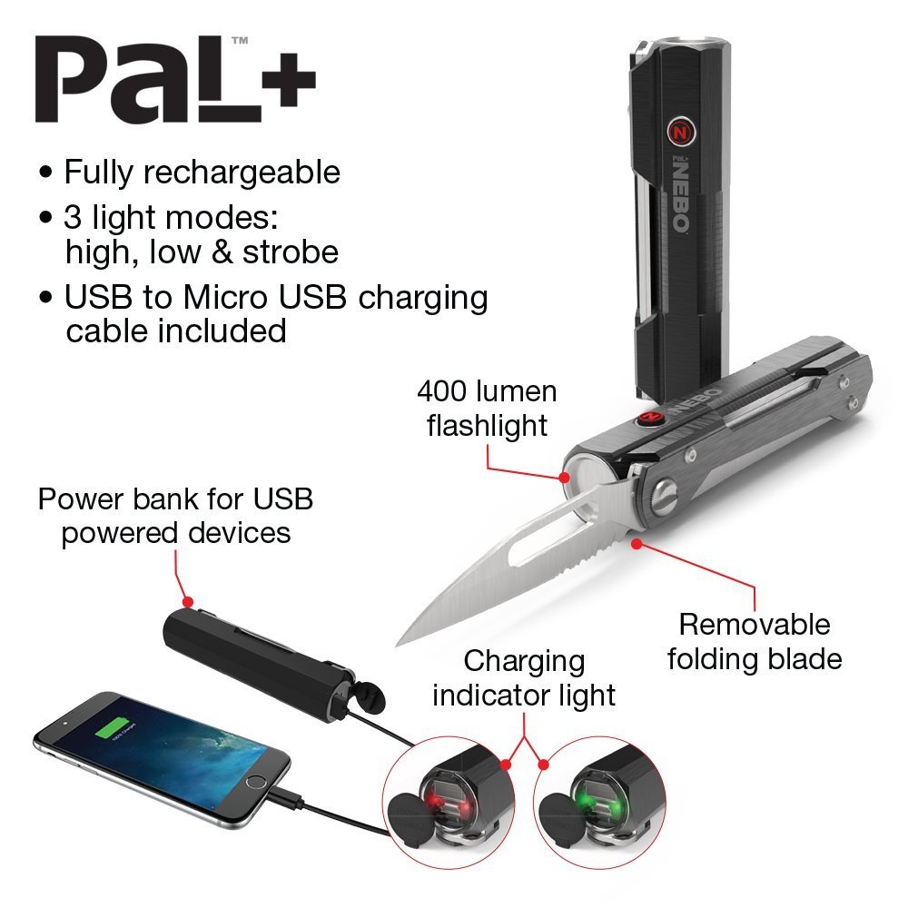 nebo flashlight and knife NEBO PaL+ 400 Lumen Rechargeable Flashlight - Utility Tool - Folding Pocket  Knife