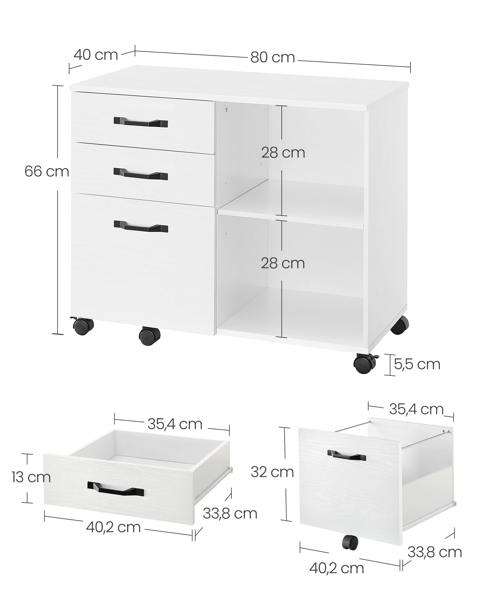 VASAGLE Rollcontainer, Aktenschrank, mit 3 Schubladen und Rollen, offene Fächer, für Dokumente in DIN A4-, Letter-Format, Druckerständer, Industrie-Design, weiß mit Holzmaserung OFC041W46