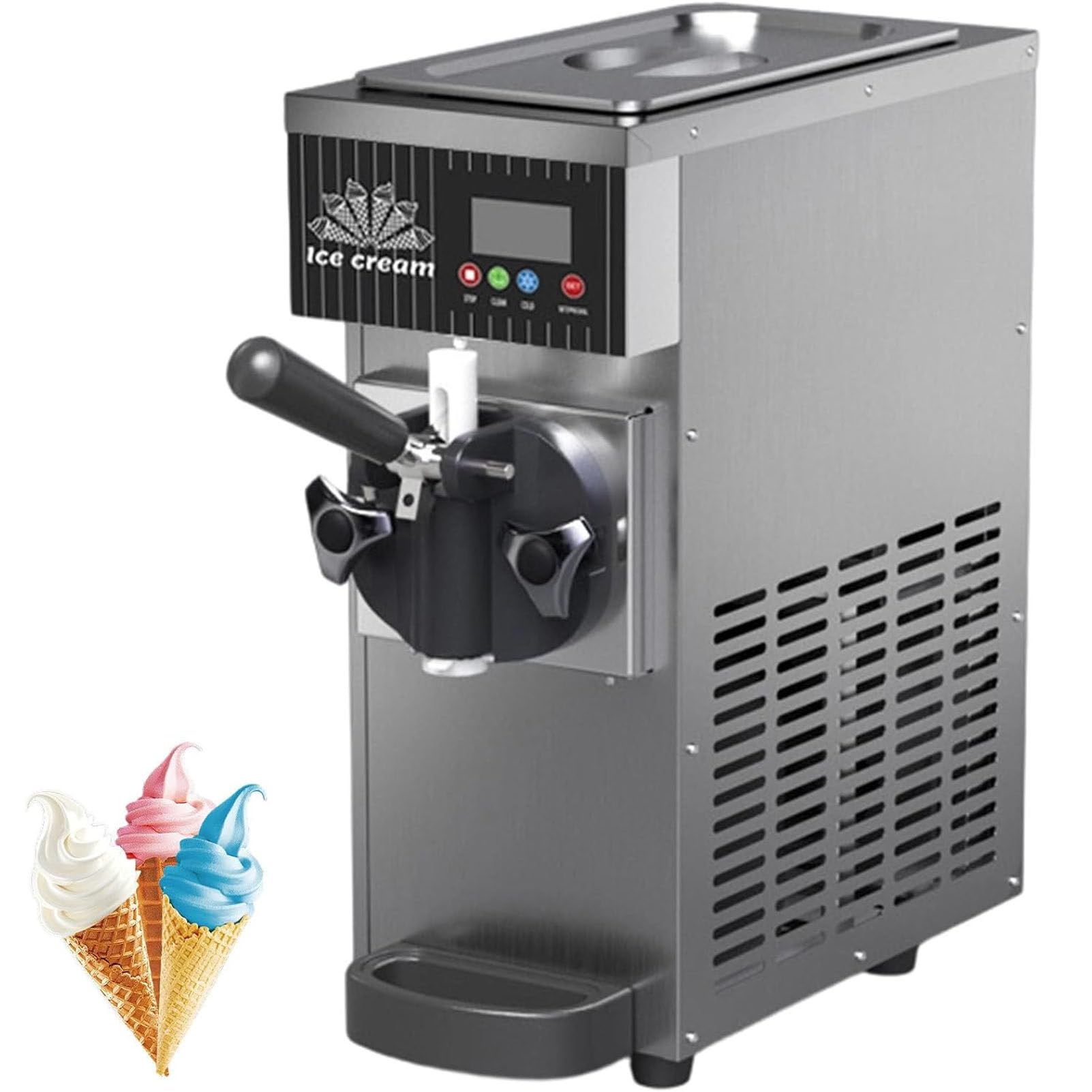 PioMue Commercial Ice Cream Machine, Countertop Soft Serve Ice Cream Machine, Single Flavor Soft Serve Ice Cream Machine, With LCD Panel for Restaurants and Bakeries StainlessSteel