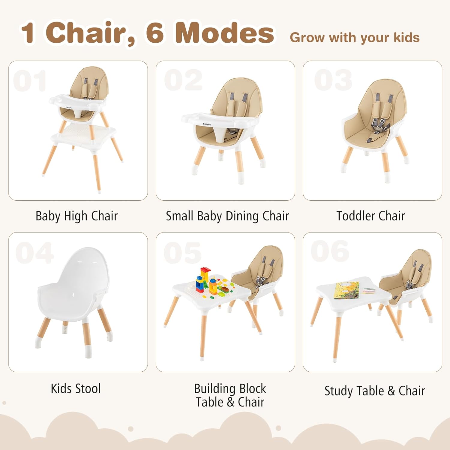 BABY JOY 6 in 1 Convertible High Chair for Babies, Khaki