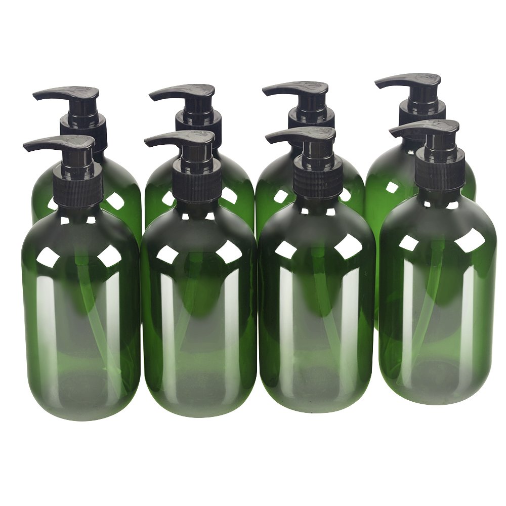STARSIDE 8 Pack Green 500ml 16.7oz Empty Plastic Pump Bottle Bottles.Refillable Bottle for Cooking Sauces,Essential Oils,Lotions,Organic Beauty Products(Two Chalkboard Labels as gift)