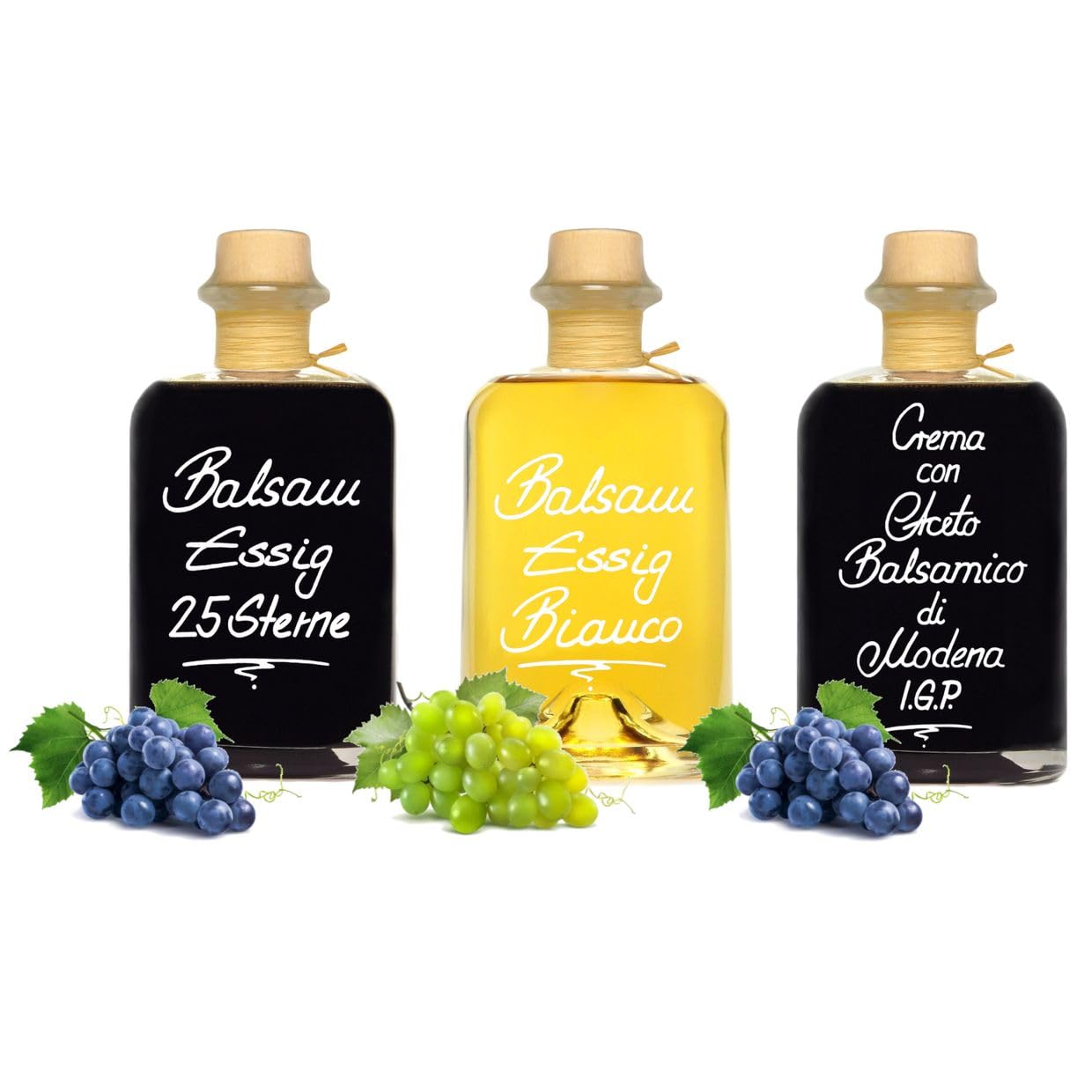 Balsamessig Sorglos Paket 3x 0,5L 25 Sterne Balsamessig/Weißer Balsam Essig/Crema di Balsamico di Modena IGP Set