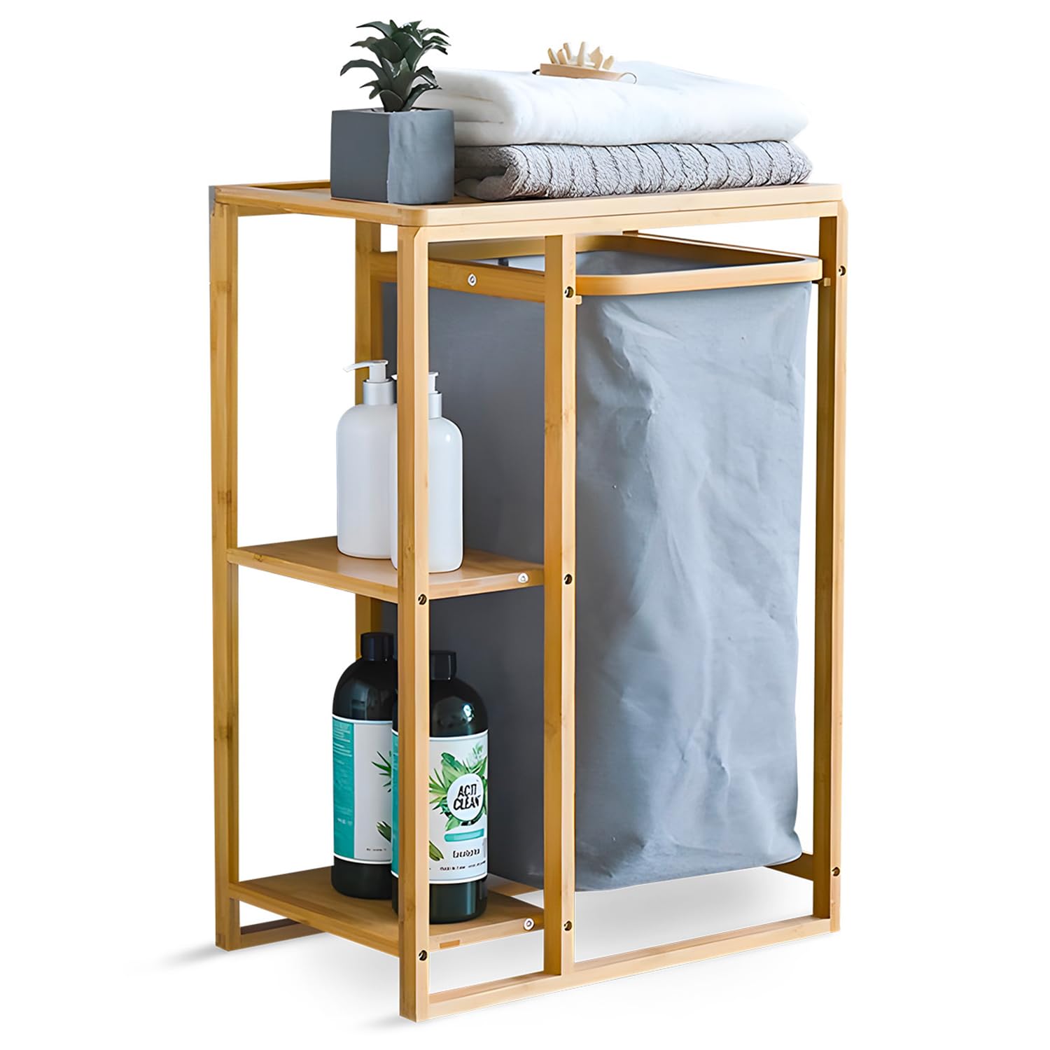 Meuble en bambou pour salle de bain ordonnée avec panier à linge