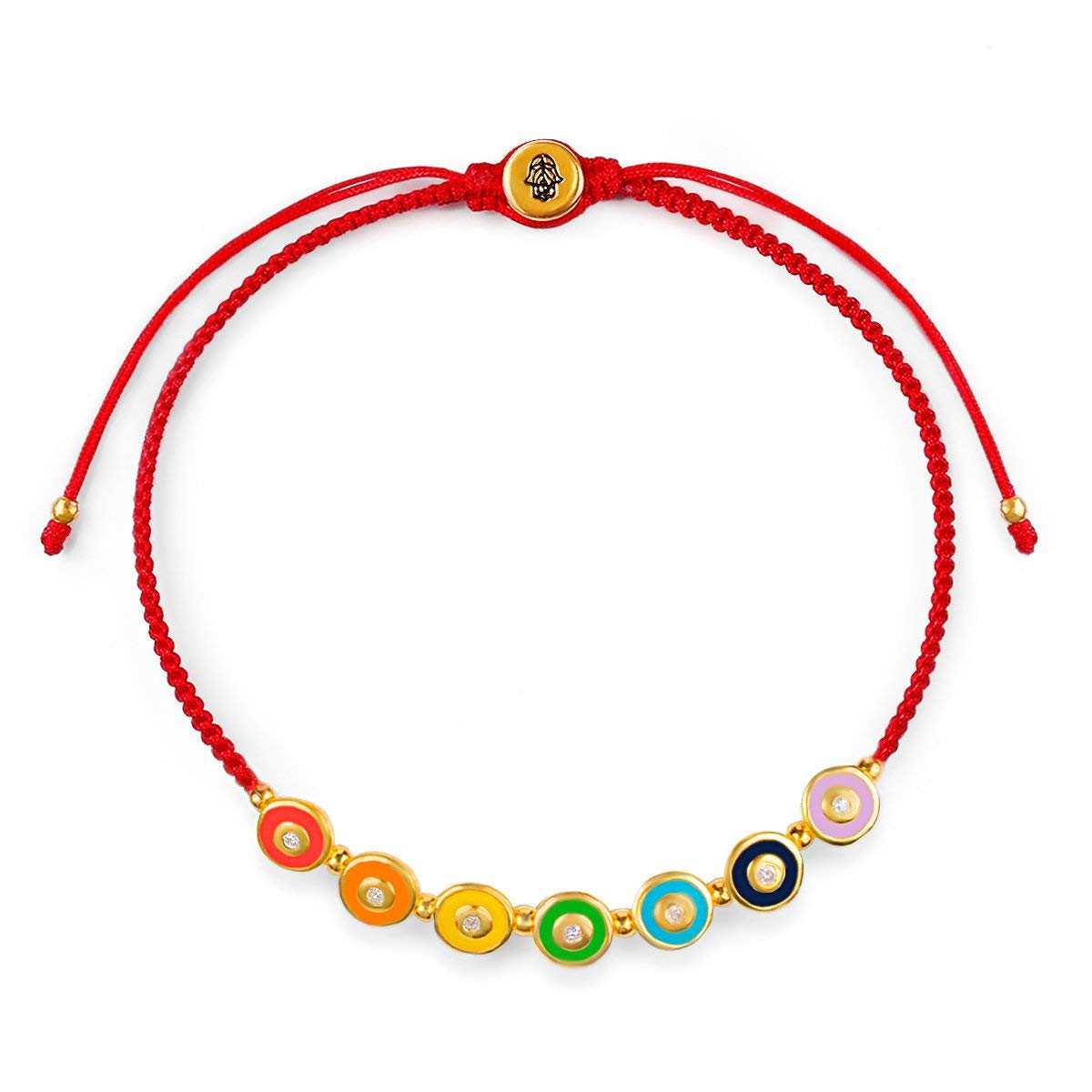 KARMA AND LUCKJoyful Journey - Women's 18K Gold Plated Brass 7 Embedded Diamond Chips Chakra Charm Red String Adjustable Bracelet Handmade in Bali