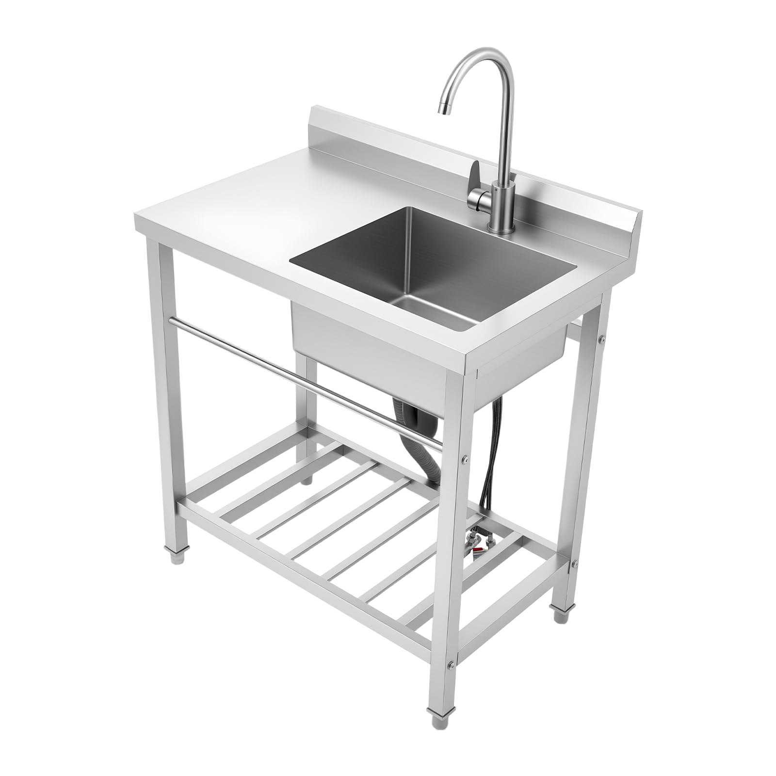 Freistehende Küchenspüle Edelstahl Spültisch, 80 x 55 x 84CM 100KG Tragfähigkeit Rechtes Spülbecken Gewerbespülbecken mit Abflussrohr Wasserhahn für Restaurant Garage oder Waschküche