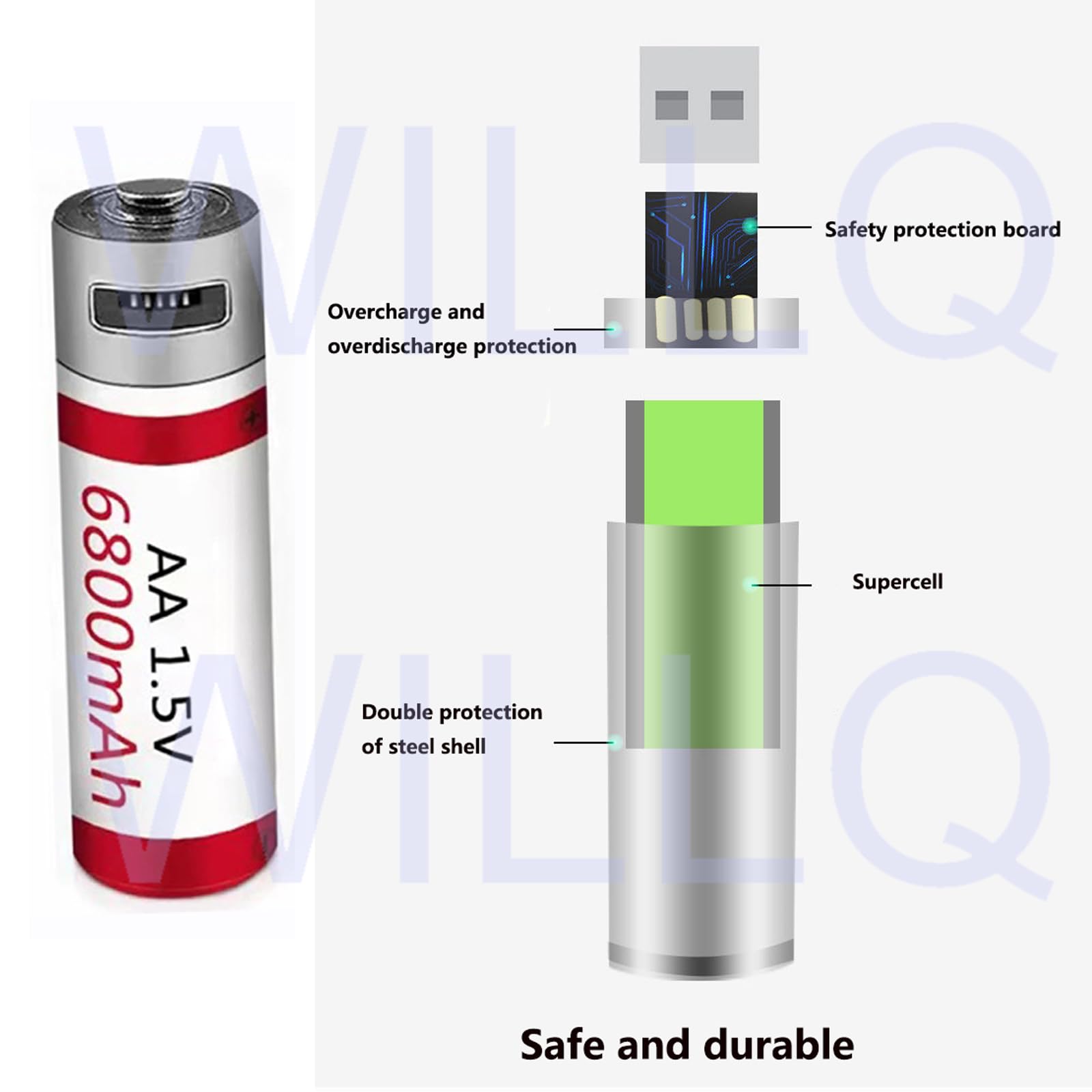 Batería Recargable de Litio AA de 6800 mAh con Salida USB Constante de 1,5 V y Carga rápida de 2 Horas con Cable USB. Más de 1000 ciclos de Carga. Batería AA.