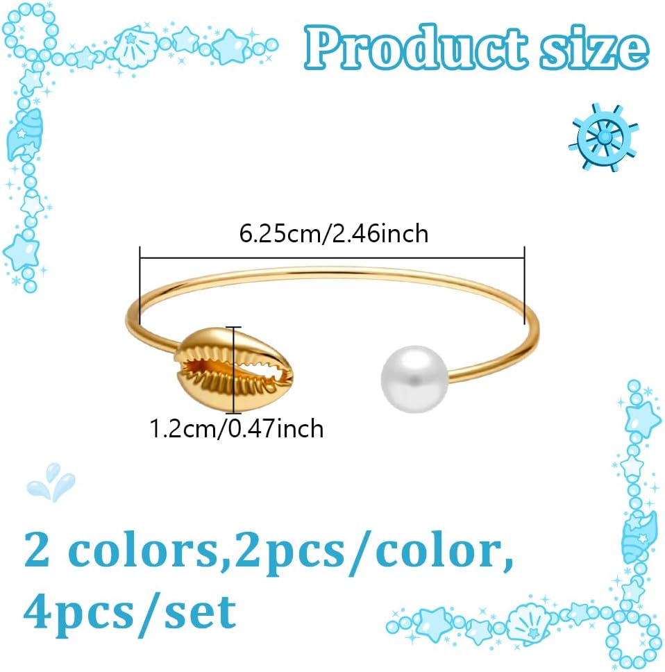 Shell Pearl Torque Irregular Shape Bangles for Women Adjustable Cuff Bangles with Pearl Summer Style Bracelets Jewelry Set Open Cuff Bangle for Women Jewelry Gifts - Image 2
