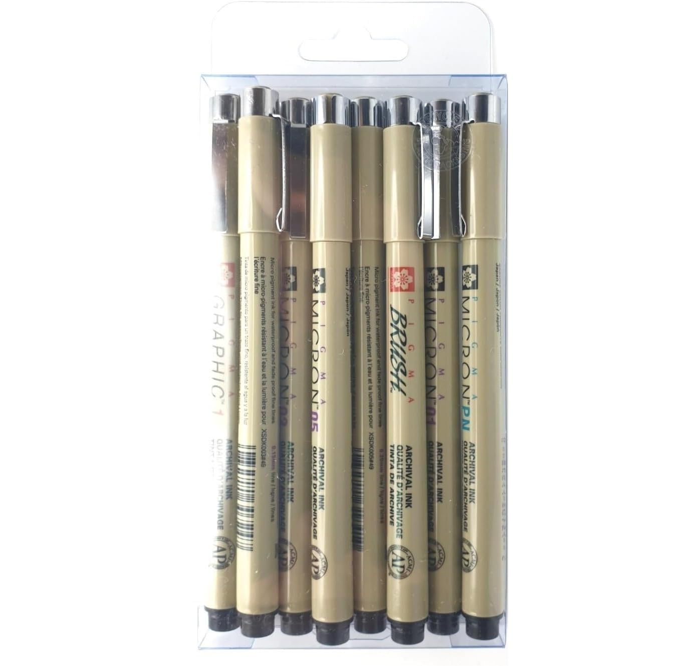 SAKURA PIGMA MICRON 003,005,01,03,05, pn,1 mm, szczotka, opakowanie 8 czarnych markerów