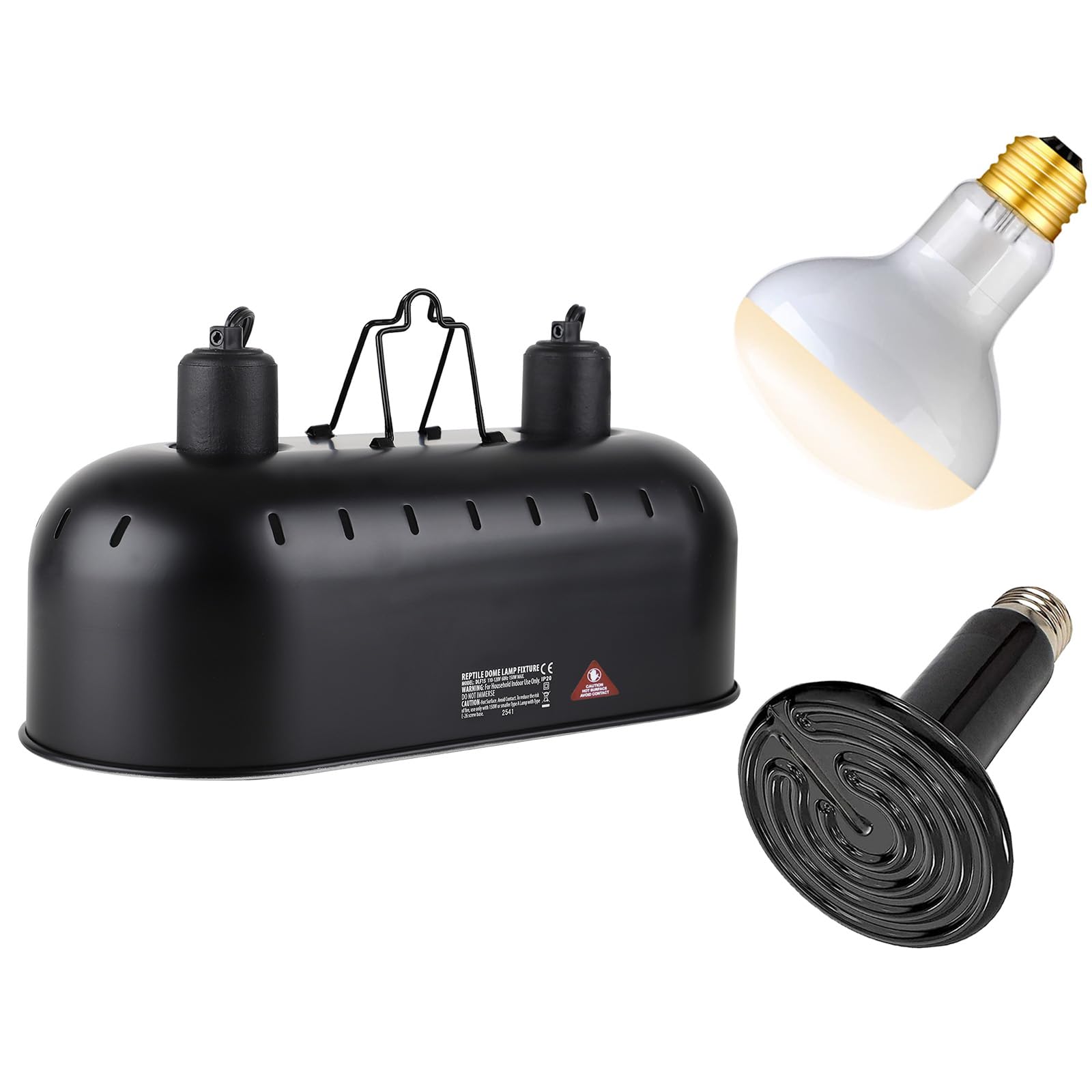 DXOPHIEX Dual Reptile Light Fixture,Reptile Heat Lamp Fixture with 150W Basking Bulb&Ceramic Heat Emitter,Double Dome Heat Lamp for Lizard,Gecko,Bearded Dragon,Tortoise,Snake,Chameleon