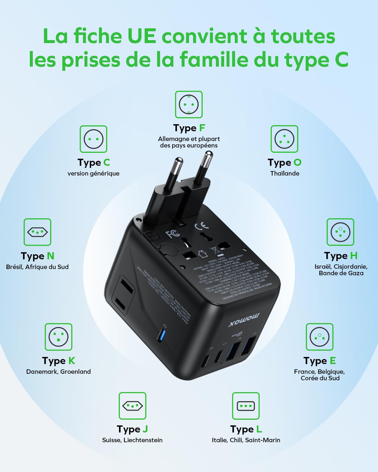 MOMAX Adaptateur Prise Universelle 70W, Adaptateur Voyage avec 2CA 3 USB C et 2 USB A, Adaptateur Universel de Voyage France vers Anglaise UK Irlande USA Canada Australie Chine Japon Thaïlande