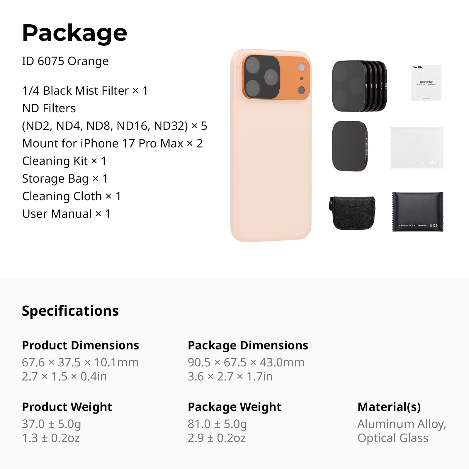 SMALLRIG Kit di Filtri ND e Black Mist per iPhone 17 Pro Max, Filtri Magnetici per Obiettivo con Base di Montaggio, Filtro Diffusore 1/4"/ND2/ND4/ND8/ND16/ND32, Confezione da 6, Arancione - 6075