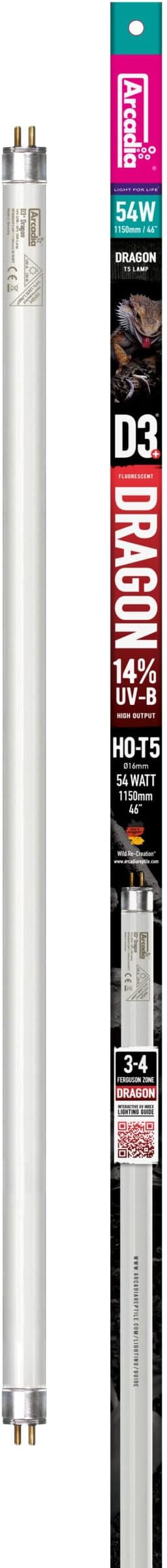 D3+ Dragon T5 Reptile Lamp, 14% UVB High Output, 54W, 117cm, Full Spectrum Flicker-Free Daylight with CRI 95+ for Desert Species, 12-Month Lifespan, Replacement for Pro T5 & LumenIZE Kits