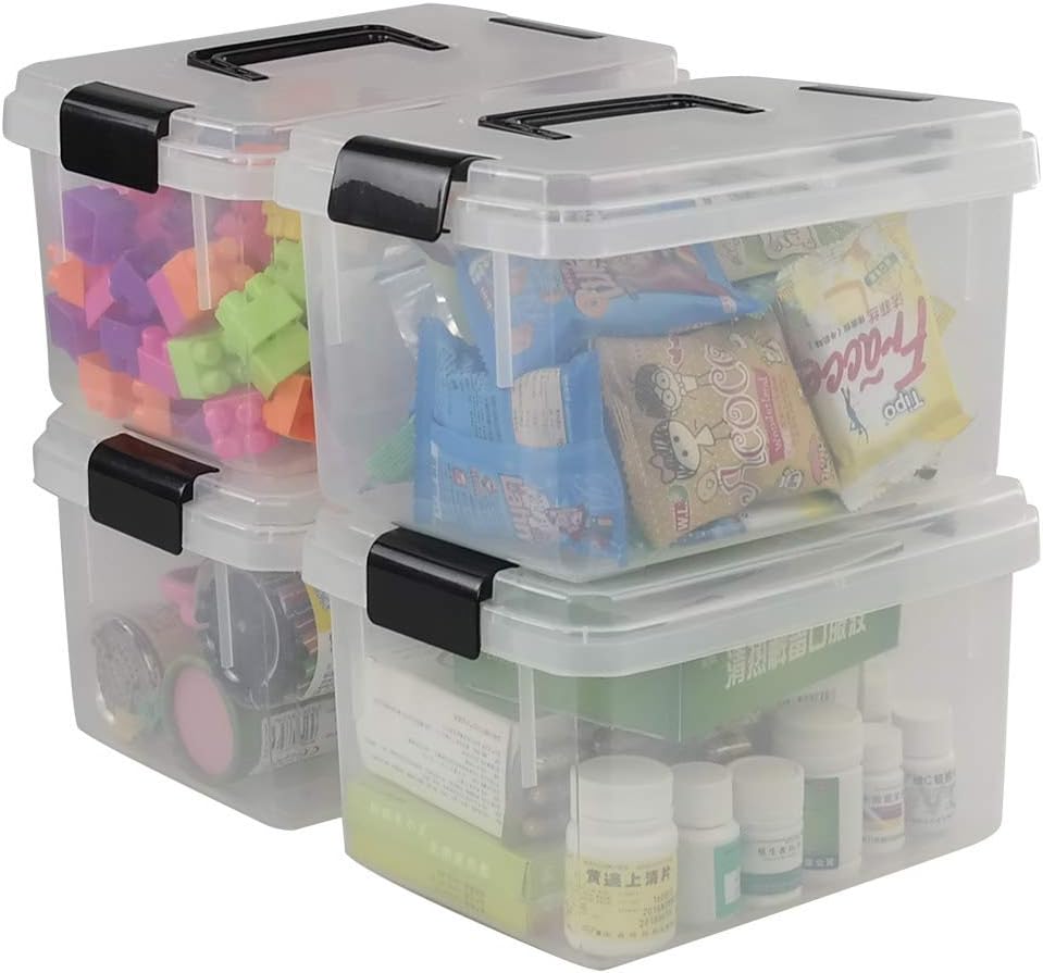Fosly 4 Set of Transparent Plastic Storage Boxes with Lids Clip, Small Plastic Box with Lid
