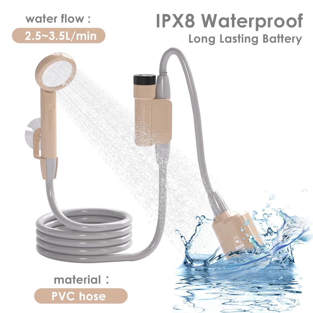 wower Upgrade Portable Shower Camping Shower [Long-Lasting] IPX8 Waterproof Outdoor Shower Kit, 2 Mode Rechargeable Travel Shower with Intelligent LED Display for Hiking,Car,Pet,Beach,Picnic (Khaki)