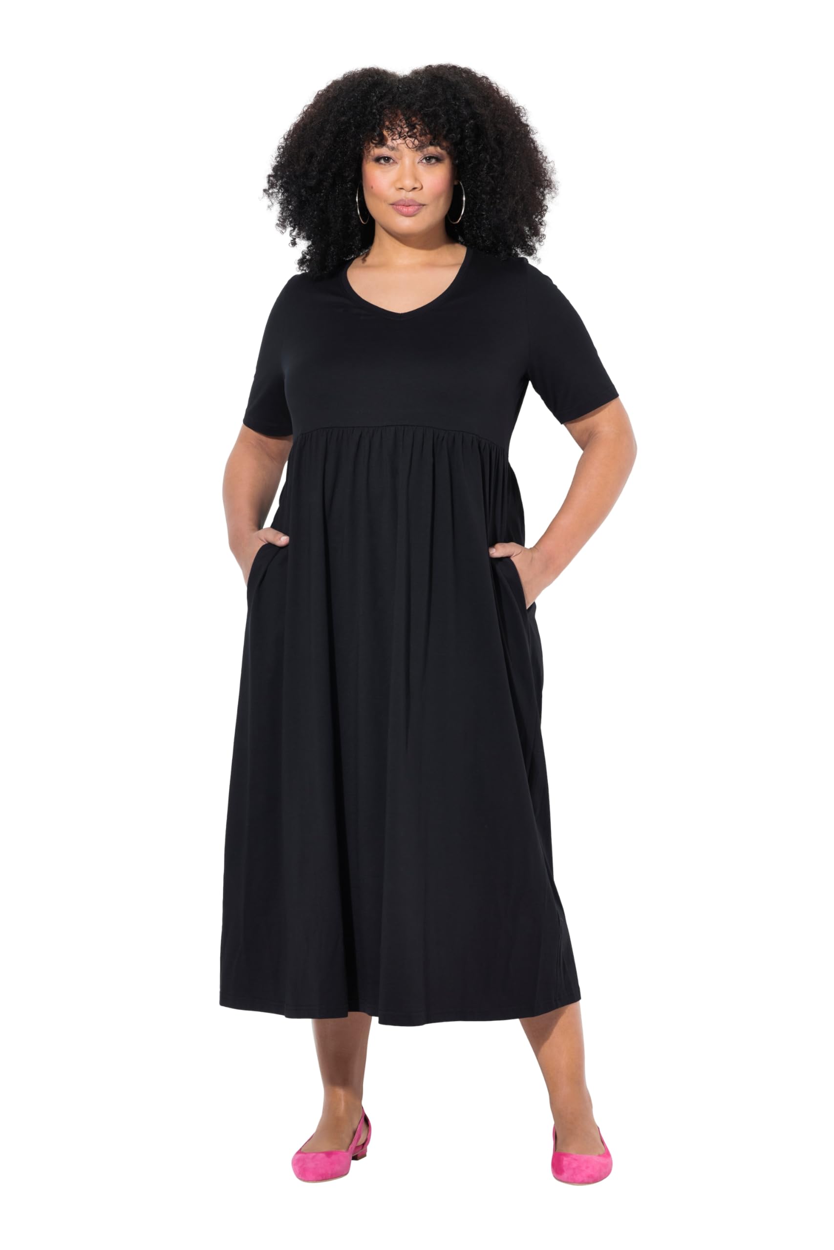 Ulla Popken Damen große Größen Übergrößen Plus Size Maxikleid, A-Linie, Jersey, V-Ausschnitt, Halbarm, Taschen 838189
